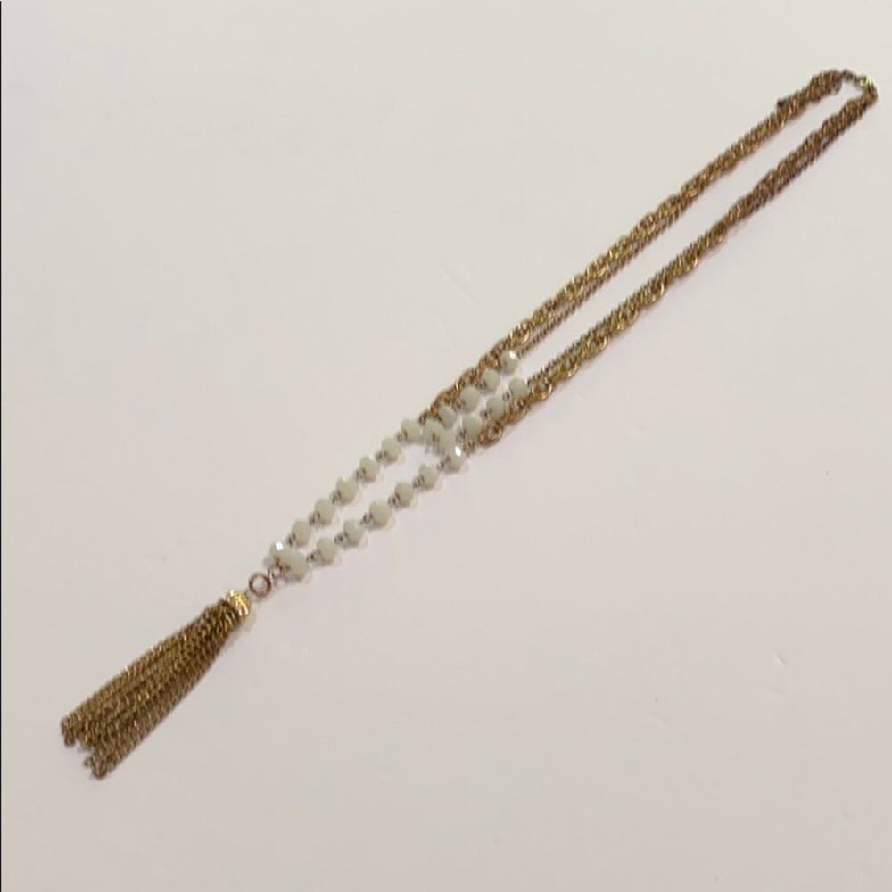 Tassel necklace multistrand goldtone chain & creamy white faceted crystal beads
